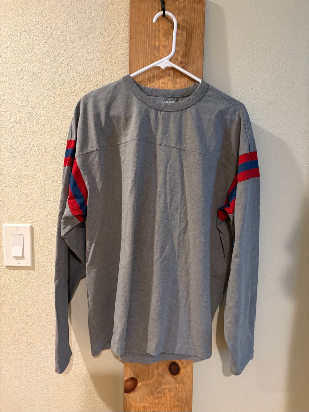 Old Navy Gray Long-Sleeve Crewneck with Red & Blue Shoulder Stripes